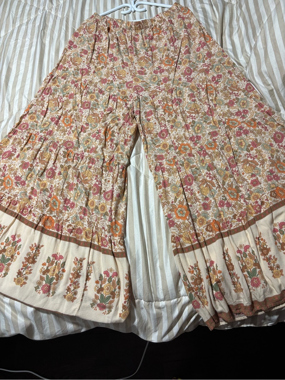 NATURAL LIFE Floral Wide-Leg Boho Pants in Cream, Pink, Orange, Green